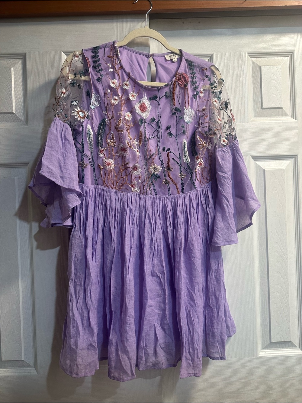 Umgee Lavender Embroidered Sheer Yoke Mini Dress